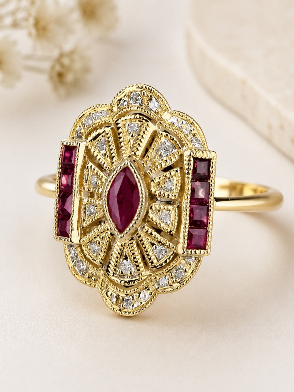 Vintage Ruby Red Crystal Statement Ring – Gold Tone Art Deco Inspired